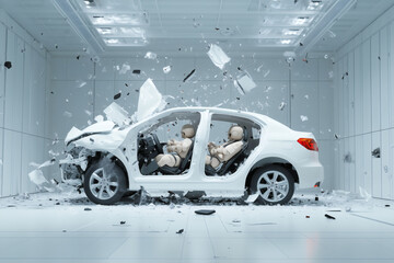 Automobile crash test with crash test dummies.