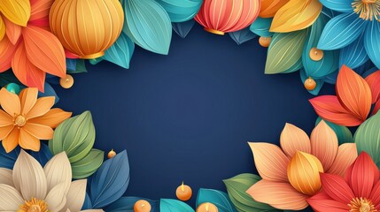 Loy Krathong style wallpaper, deep navy blue background with golden lantern decoration and large blank space in the center for text, floating krathongs patterns such as lotus flowe