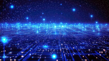 Fototapeta premium Futuristic Digital Landscape with Glowing Blue Lights and Grid Pattern Under a Starry Night Sky, Representing Technology and Innovation