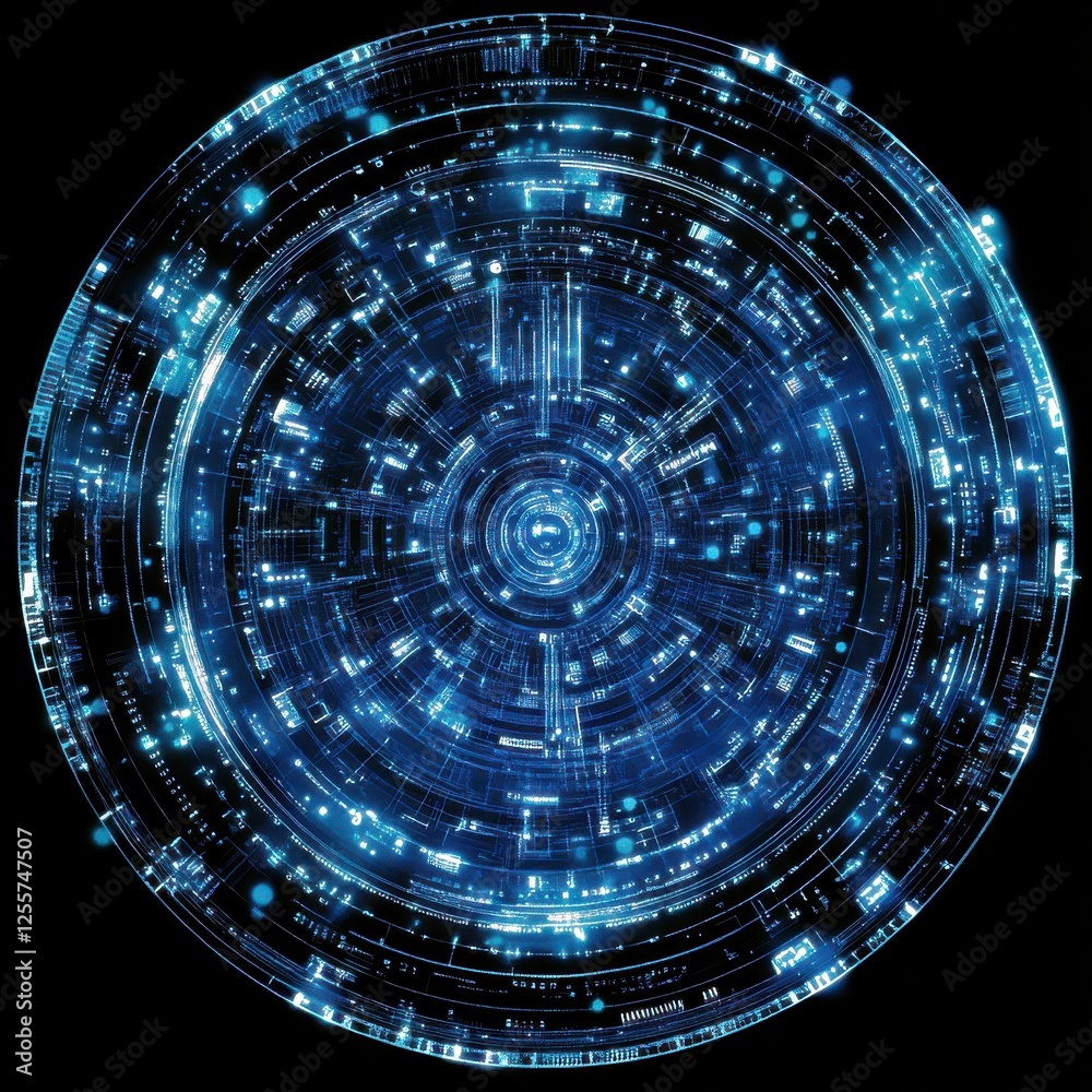 Poster futuristic circular digital interface with glowing elements and technology patterns for science and 