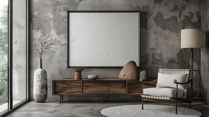 Modern Minimalist Living Room Interior Design with Large Blank Canvas Artwork and Wooden Console
