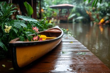Fototapeta premium A homestay near a peaceful lake, with a canoe docked nearby for guests to explore the water