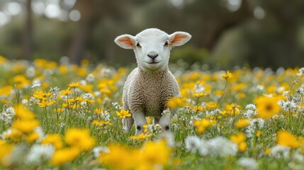 Obraz premium Cute lamb exploring a vibrant flower meadow during springtime in a rural landscape