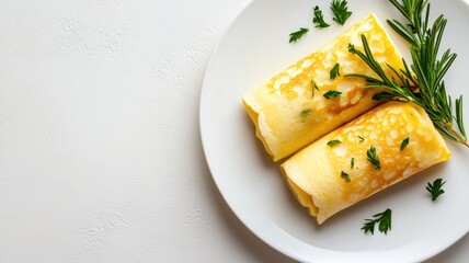 Plate with two rolled crepes garnished herbs