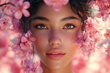 Fototapeta premium Dreamy Soft-Focus Scene Surrounded by Vibrant Pink Cherry Blossoms