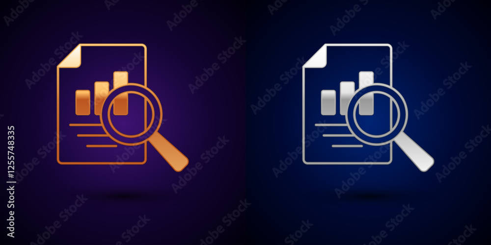 Poster gold and silver document with graph chart icon isolated on black background. report text file icon. 