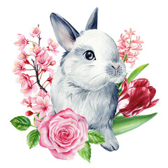 cute gray rabbit with pink roses, cherry blossoms, watercolor spring animal illustration easter greeting cards and decor