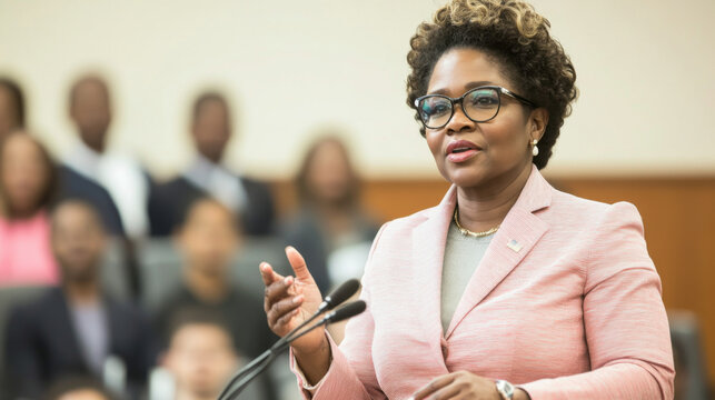 Black mature woman speaking at public event with audience in background