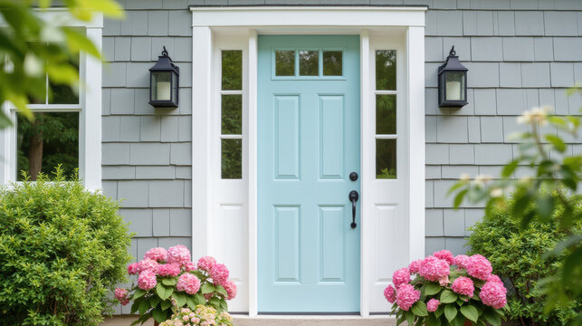 charming blue front door surrounded by pink hydrangeas and greenery. inviting entrance enhances home curb appeal