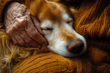A loving moment is shared between an elderly person&rsquo;s hand and a golden retriever, both relaxed and content, highlighting the bond between humans and pets