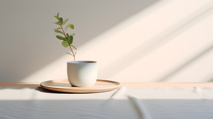 Serene Minimalist Still Life Small Plant in White Cup on Wooden Tray
