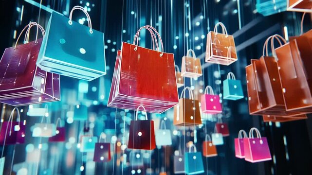 Many shopping bags falling down in a digital environment representing the concept of online shopping and e commerce, retail sales increasing during sales season like black friday or christmas