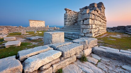 Ancient stone ruins under a twilight sky, showcasing weathered structures and an expanse of grass, evoking a sense of history and mystery.