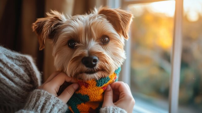 A small dog in a colorful sweater is being gently held by a person, with a warm, cozy indoor setting and soft sunlight streaming through a window