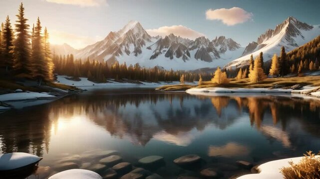 A peaceful mountain scene with snowy peaks, glowing in the golden sunrise, mirrored in a clear alpine lake