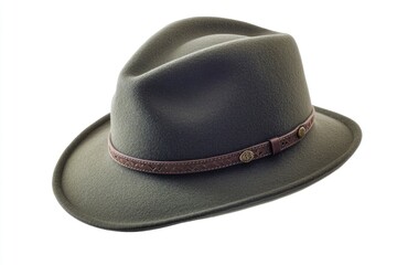 A close-up of a gray hat with a brown band around the brim