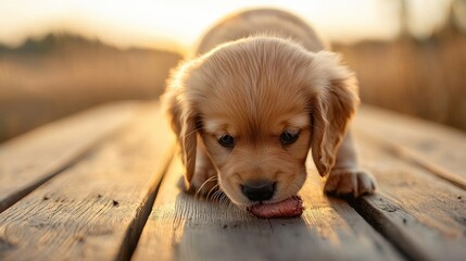 Golden puppy playing on wooden deck during a warm sunset glow