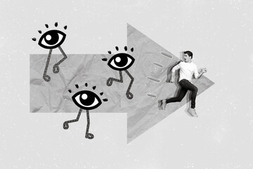 3d retro abstract creative artwork template collage of funny running away chasing big eyes hunting...