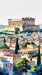 Obraz premium Athens with the Parthenon Overlooking the City watercolor in Ancient Meets Modern Cityscape on plain white background