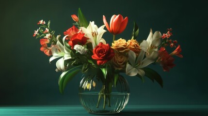 Elegant floral arrangement featuring roses, lilies, and a tulip in glass vase
