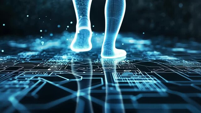 Futuristic concept of digital footprint walking on circuit board, leaving a glowing trail of data and information, symbolizing the impact of technology on modern society