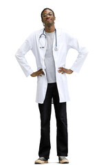 Male doctor, on a white background, full-length, hands on his belt