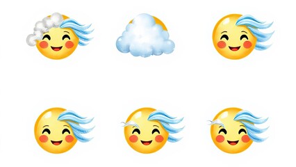 Naklejka premium Happy Emojis with Clouds and Wind Weather Icons Cute Cartoon Illustration