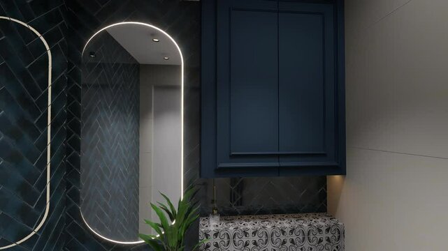 Luxurious contemporary bathroom with a black and white patterned floor, dark shower tiles, floating toilet, and stylish built-in shelves with ambient lighting in 3D animation.