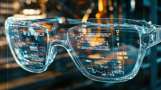 Futuristic transparent glasses displaying augmented reality data and information, seamlessly merging digital content with the real world for enhanced interaction and perception