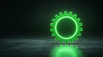 futuristic neon green cog symbolizing innovation and technology, set against dark background. glowing gear represents progress and modern design