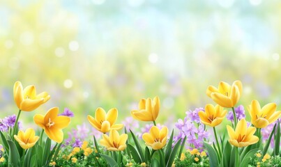Yellow tulips and purple flowers in a sunny spring garden.