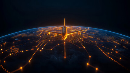 globe illuminated by flight paths with airplane flying above, showcasing global connectivity and travel. vibrant lights create sense of movement and excitement