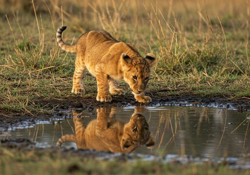 Lion cub gazing at reflection in savanna puddle.