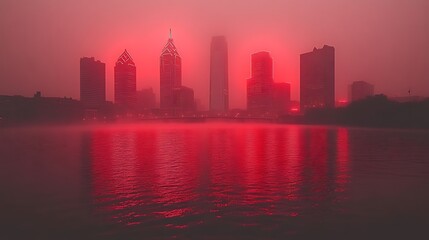 Obraz premium Red Cityscape Skyline Reflecting In Water At Dusk