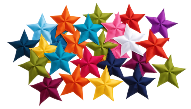 Colorful fabric star patches in a variety of bright colors arranged in a cluster png 