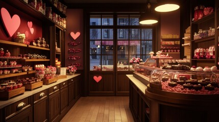 A cozy interior of a Valentine chocolate shop with warm lighting, wooden counters, and shelves stocked with love-themed confections.