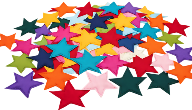 Colorful fabric star patches in a variety of bright colors arranged in a cluster png  - Powered by Adobe