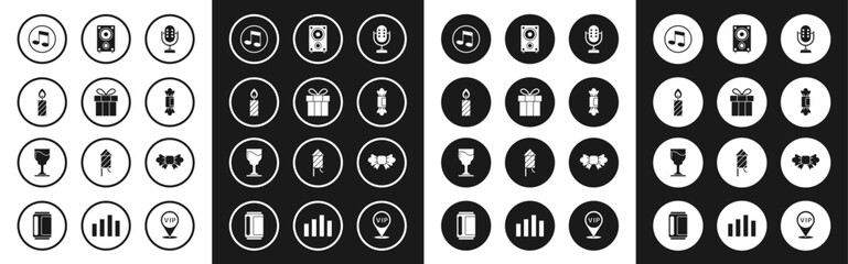 Set Microphone, Gift box, Birthday cake candles, Music note, tone, Candy, Stereo speaker, Bow tie and Wine glass icon. Vector