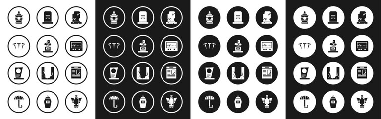 Set Old grave with tombstone, Grave, Metallic nails, Funeral urn, Beat dead in monitor, Obituaries and icon. Vector