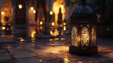 3D render of an Arabic themed product display background for advertisement featuring a moon stars and an Arabic lamp