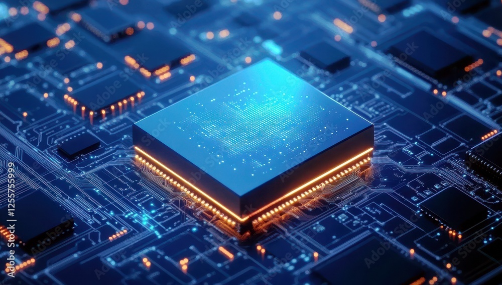 Poster abstract close-up of a futuristic microprocessor with glowing circuits and digital patterns on a blu