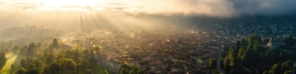 Fototapeta premium Cloudy sky above a city, with sunlight peeking through