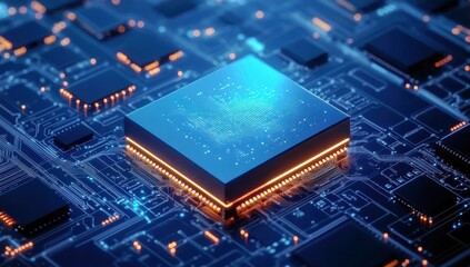 Fototapeta premium Abstract close-up of a futuristic microprocessor with glowing circuits and digital patterns on a blue motherboard designed for technology and innovation concepts