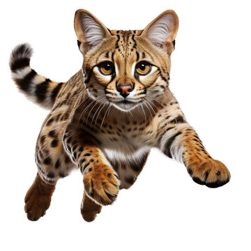 Savannah cat in a pouncing pose on a transparent background