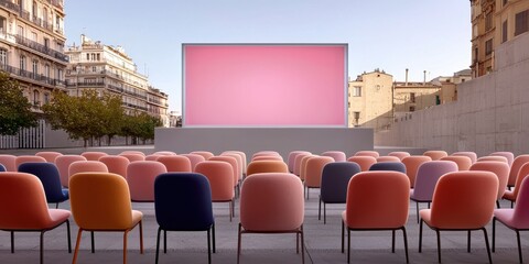 An outdoor cinema setup featuring colorful chairs facing a large, pink screen against an urban backdrop.