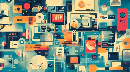 Creative representation of communication innovation over the decades showcasing the progression of tools strategies and audience engagement methods