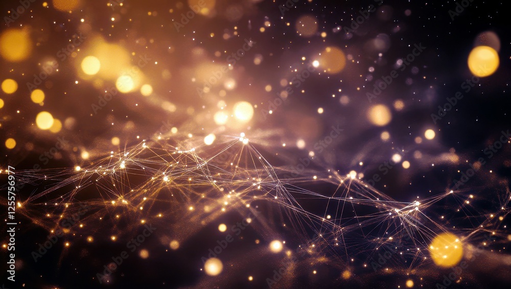 Poster abstract digital background with glowing dots and connecting lines, vibrant bokeh lights in a golden