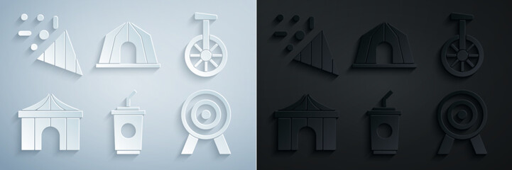 Set Paper glass with water, Unicycle or one wheel bicycle, Circus tent, Target, and Festive confetti icon. Vector © Oksana