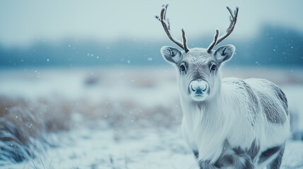 Minimalist winter scene featuring reindeer herders and snowfall