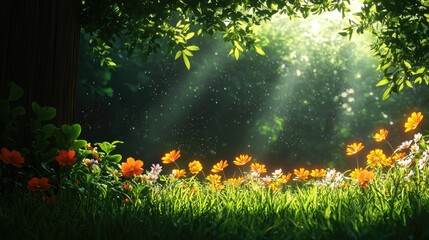 Obraz premium Serene Forest Scene with Sunlight and Colorful Flowers in Bloom